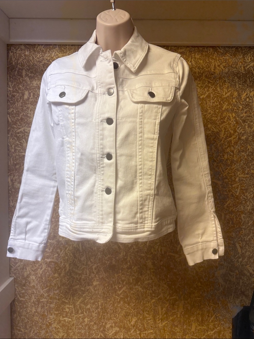 Kut from the Kloth White Denim Trucker Jacket with Metal Buttons